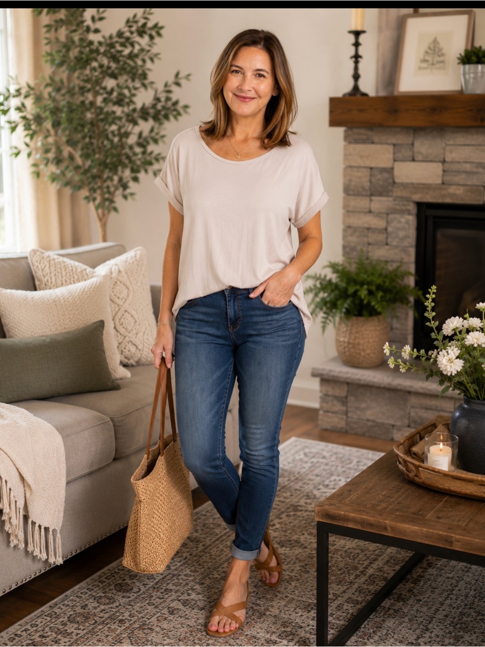 Relaxed Short-Sleeve Blouse in Light Taupe